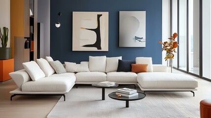 Modern living room interior, cozy white fabric sofa as a focal point, bold blue accent wall, and minimalist decor for a fresh ambiance