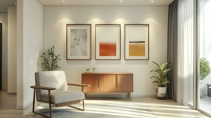 Fototapeta premium Modern living room with Scandinavian charm, sleek armchair, compact cabinet, three framed artworks on a light-toned wall, and airy ambiance