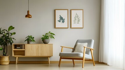 Modern living room with Scandinavian charm, sleek armchair, compact cabinet, three framed artworks on a light-toned wall, and airy ambiance