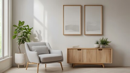 Modern living room with Scandinavian charm, sleek armchair, compact cabinet, three framed artworks on a light-toned wall, and airy ambiance