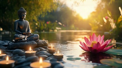 Serene Buddha statue beside a lotus flower and candles on water.