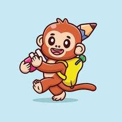 Cute Cartoon Monkey Holding Pencil And Banana Bag Vector Icon Illustration. Animal Education Icon Concept Isolated Premium Vector. Education Cartoon 