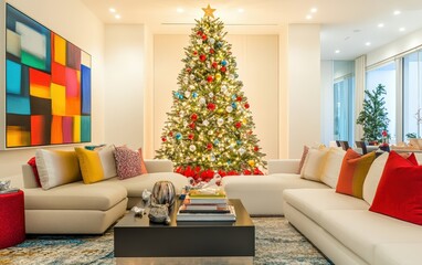 Obraz premium A bright and vibrant family room with modern furnishings and a tall Christmas tree The tree is covered with glittering lights and festive ornaments, complementing the colorful decor of the space