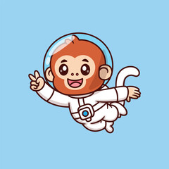 Cute Cartoon Monkey Astronaut Floating In Space And Peace Sign Vector Icon Illustration. Science Animal Icon Concept Isolated Premium Vector. 