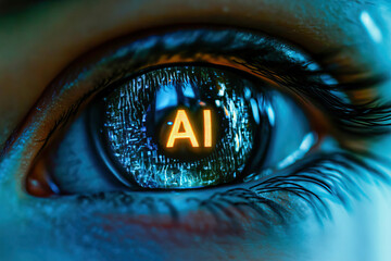 Close-up of a bionic eye with the letters AI written on the iris