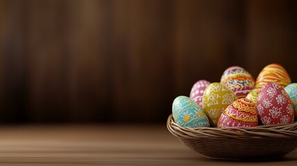 A colorful basket filled with intricately decorated Easter eggs, set against a warm wooden background.