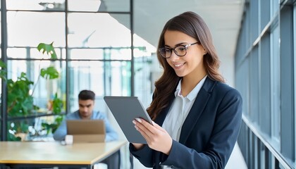 Young woman working with a tablet at the office