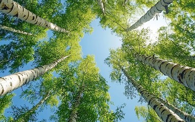 Fototapeta premium View from below of tall birch trees with bright green foliage and white bark against clear blue sky. Picturesque forest photo.