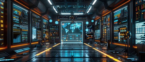 A futuristic data center filled with glowing screens and servers, showcasing advanced technology and a high-tech environment.
