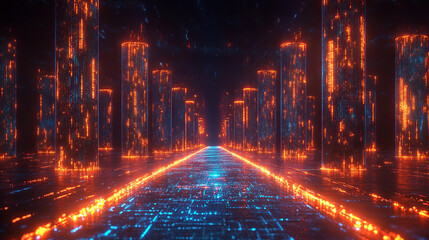 Obraz premium futuristic digital landscape with glowing neon lights and towering structures creates mesmerizing cyber environment. vibrant colors and intricate patterns evoke sense of technological advancement