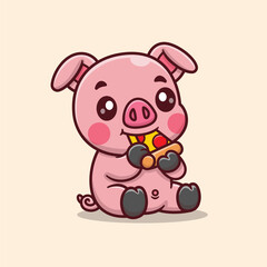 Cute Cartoon Pig Eating Pizza Vector Icon Illustration. Animal Food Icon Concept Isolated Premium Vector. Food Cartoon Style.