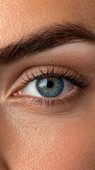 Fototapeta premium Surgery eyelid rejuvenation concept. A close-up of a human eye, showcasing detailed textures, vibrant blue iris, and well-defined eyelashes, emphasizing beauty and individuality.