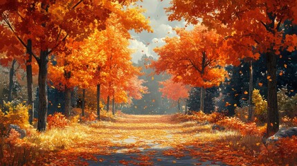 Vibrant autumn foliage lines a path through a forest, with falling leaves.