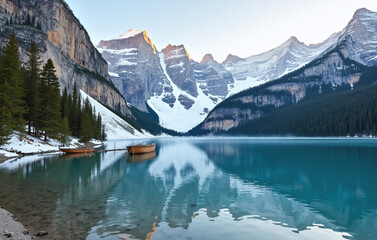 Alpine lake surrounded by tall pine trees, with the majestic mountains towering in the distance