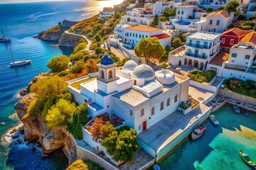Naklejka premium Vintage Style Aerial View of a Stunning White Building in a Greek City Captured by Drone, Showcasing the Beautiful Architecture and Scenic Coastal Landscape