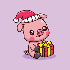 Fototapeta premium Cute Cartoon Pig Holding a Gift Wearing a Winter Hat Vector Icon Illustration. Animal Holidays Concept Isolated Premium Vector. Animals Cartoon Style