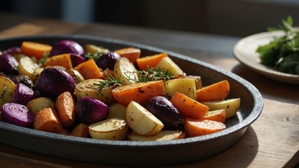 Freshly roasted colorful root vegetables in sunlit kitchen