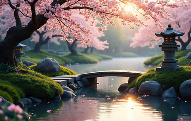 Naklejka premium Japanese garden at dawn, with a tranquil koi pond reflecting the soft colors of the morning sky