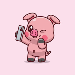 Cute Pig Taking A Selfie Using A Smartphone Vector Icon Illustration. Animal Technology Icon Concept Isolated Premium Vector. Animals Cartoon Style