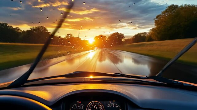 Driving through rainy sunset landscape, reflections on wet road create serene atmosphere.