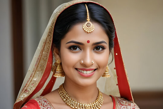 Beautiful indian bride smiling and wearing traditional jewelry and clothes