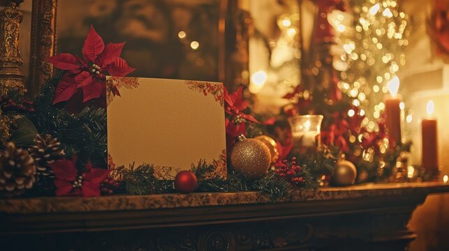 Holiday Greeting Card on Mantel: A customizable greeting card displayed on a fireplace mantel with festive decorations around.