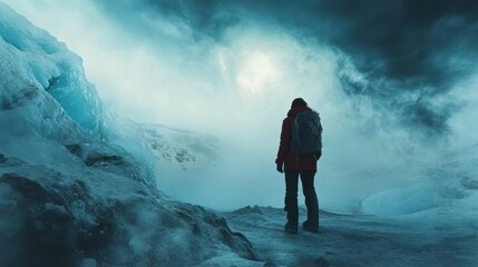 Solo female adventure traveler is discovering the ice caves in Iceland at Vatnajokull Glacier near to Jokulsarlon Glacier Lagoon. Tourism in abandoned Iceland . Outdoor living and exploring.