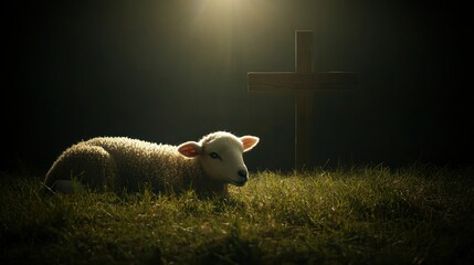 Lamb of God with a Cross: A peaceful lamb lying down in front of a wooden cross on a grassy field. A soft light from above illuminates the lamb, and a subtle glow surrounds the cross