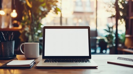 Fototapeta premium Laptop Mockup in Office: A laptop with a blank screen on a modern office desk, surrounded by a coffee cup, notebook, and potted plant.