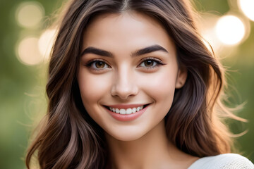 Naklejka premium Beautiful smiling woman with long brown hair showing perfect white teeth