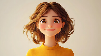 3D Style Cartoon Portrait of Friendly Young Woman with Slight Smile, Light Background, Concept of Human Emotions and Positive Expression, Modern Digital Art, Illustration of Happy Female Character