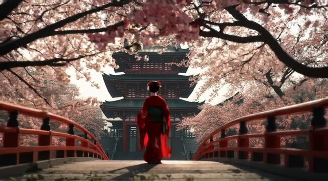 A Serene Journey: A Woman in a Red Silk Kimono Walking Among Cherry Blossoms Towards a Buddhist Templ