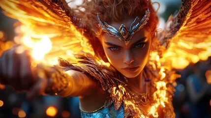 A powerful warrior with stunning fiery wings stands poised for action, showcasing themes of strength, mystery, and transformation in a beautifully crafted fantasy scene.