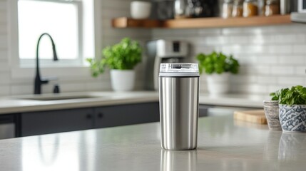 Stainless Steel Tumbler on Countertop: A customizable stainless steel tumbler placed on a kitchen countertop, with a soft drink or smoothie inside.