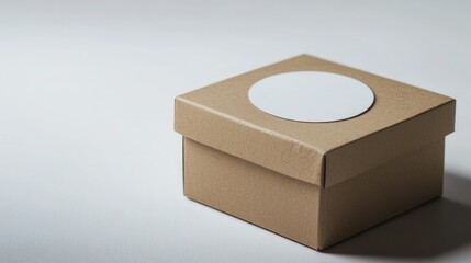Fototapeta premium Sticker on Packaging: A round sticker sealing a brown box package, set on a clean, minimal background, highlighting the branding.
