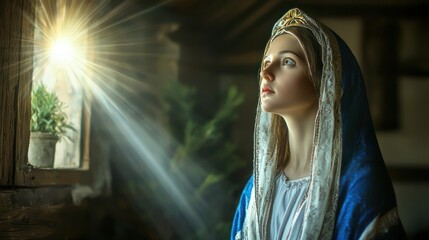 The Annunciation: The Virgin Mary in a humble home setting, dressed in a blue and white robe, looking upwards with awe and grace as the angel Gabriel appears before her.