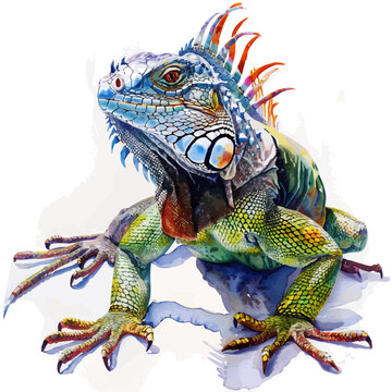 watercolor iguana vibrant colors white background clip art preview