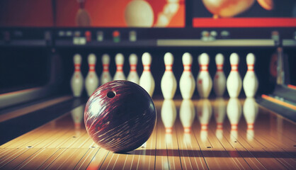 Close-up of a bowling ball on a shiny lane, aligned with pins in the background under warm lighting
