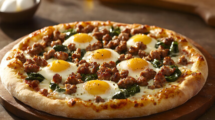 Irresistible Mashup Breakfast Pizza Featuring Sunny Side Up Eggs and Savory Sausage for a Delicious Meal