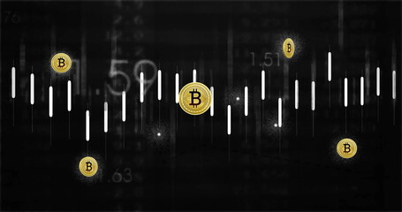Image of bitcoin currency icons financial data processing over binary coding
