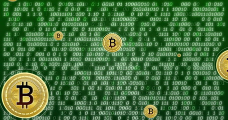 Image of bitcoin currency icons financial data processing over binary coding
