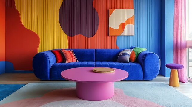 Playful pop art living room, bold blue sofa, round pink coffee table, vibrant multicolored stucco wall with copy space, and eclectic decor