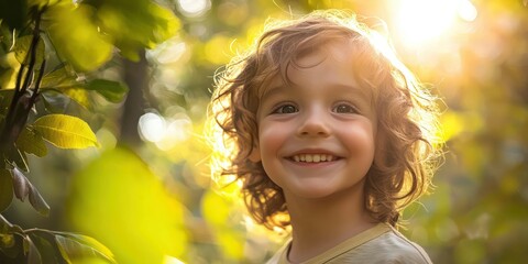 Fototapeta premium A candid face portrait of a child with a big smile, framed by sunlight filtering through trees in a park