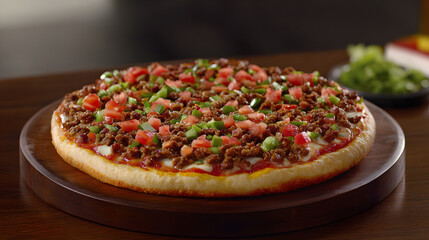 A Flavorful Blend of Ingredients: The Mashup Taco Pizza with Crispy Crust, Savory Ground Beef, Fresh Lettuce, and Flavorful Salsa