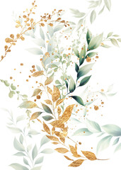 Golden Greenery, Greeting card with foliage, can be used as invitation card for wedding, birthday and other holiday and summer background