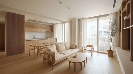 Fototapeta premium Scandinavian-style apartment, beige sofa in the living room, minimalist wooden dining set, neutral tones, and natural light for a cozy atmosphere
