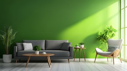 Scandinavian-style interior, gray couch paired with a wooden table, cozy lounge chair, and a vibrant green wall for contrast