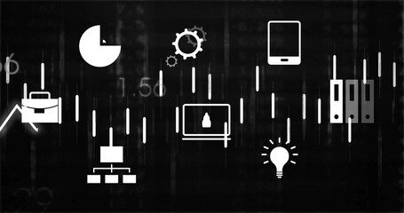 Image of business icons financial data processing over black background