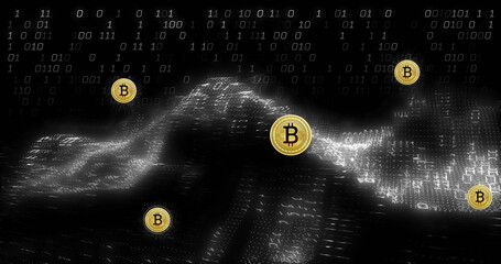 Image of bitcoin currency icons financial data processing over binary coding