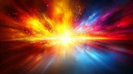 Fototapeta premium vibrant explosion of colors in cosmic scene, featuring bright reds, yellows, and blues, creating dynamic and energetic atmosphere. radiant light bursts outward, evoking sense of wonder